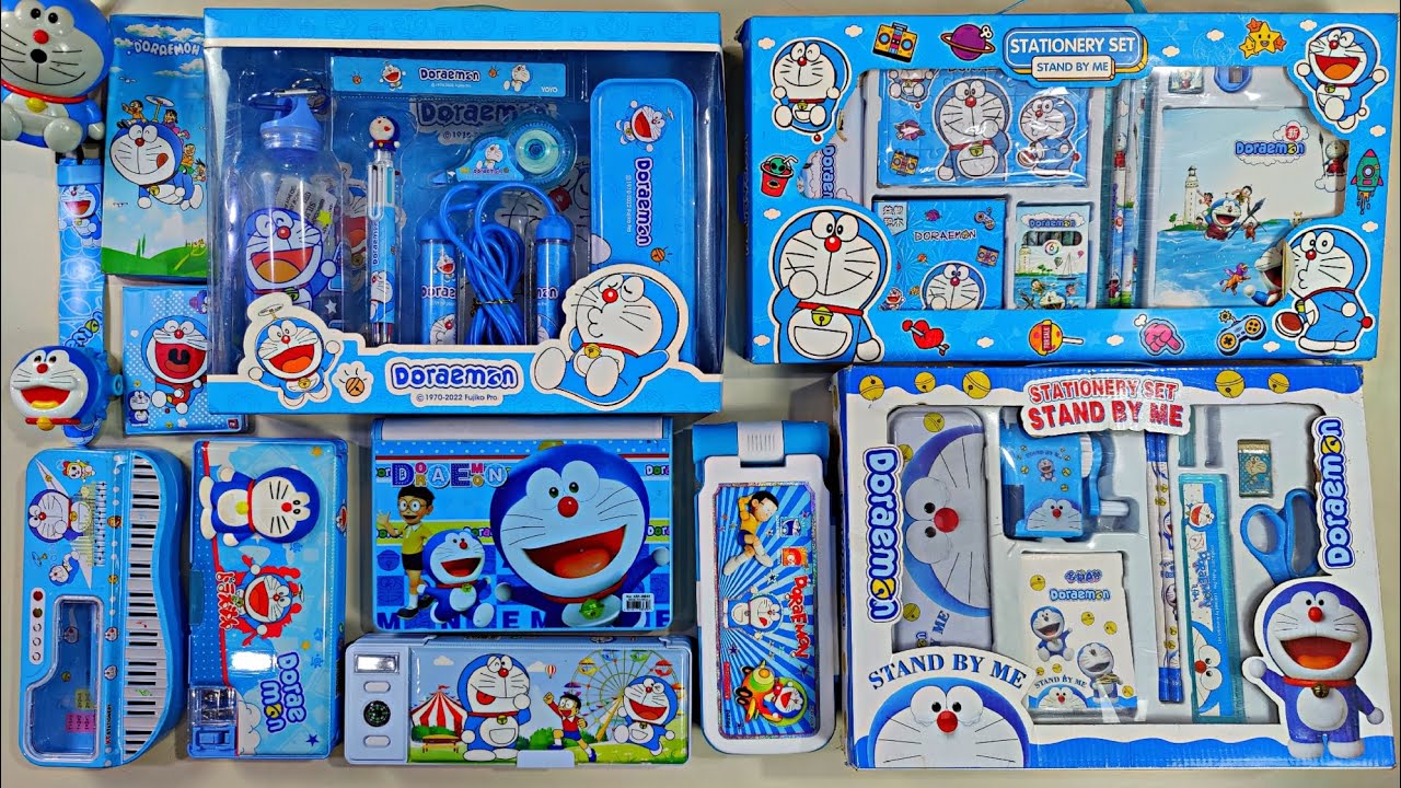 cute doraemon stationery collection, collection of pencil case, stationery kit, ultimate toy, eraser