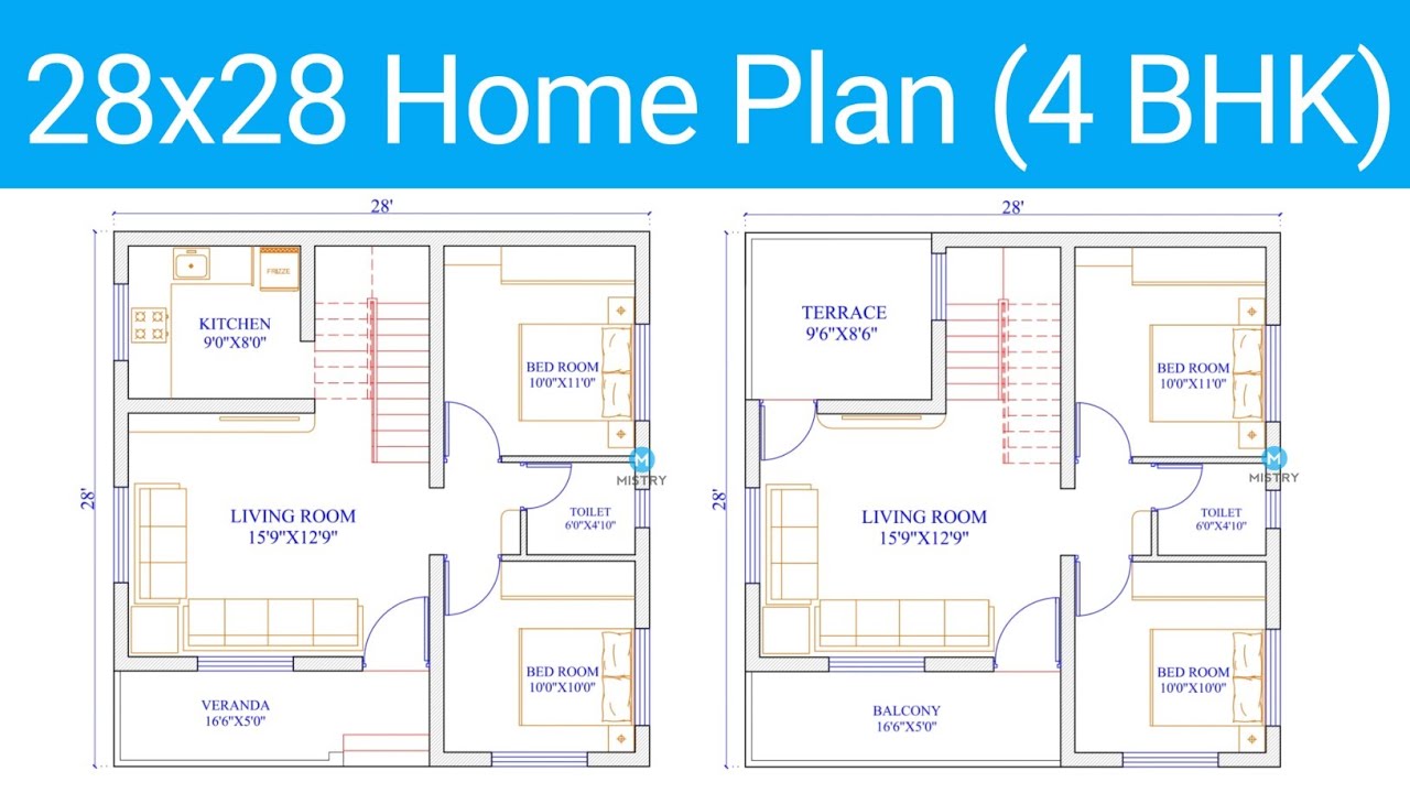 28x28 home plan | 4 BHK | 784 Sq.ft. |
