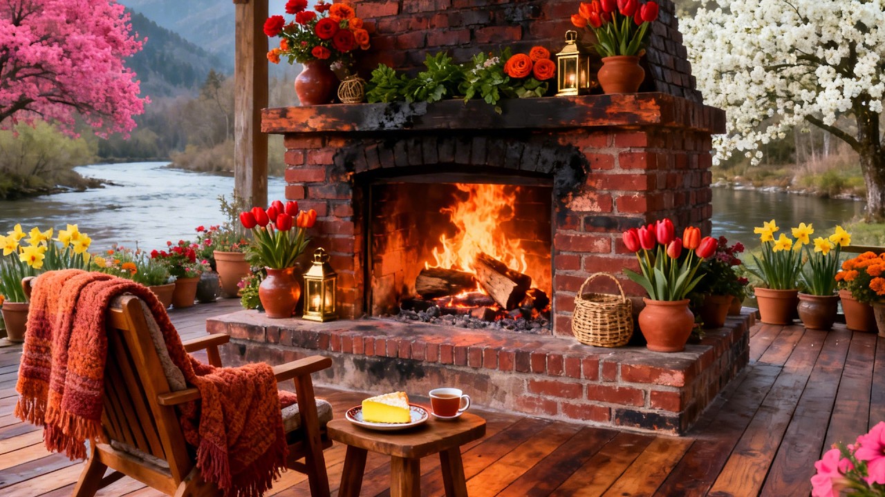 🔥 Spring Riverside Fireplace 🌸 Blooming Garden & Cozy Nature Ambience