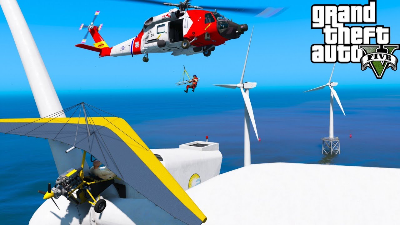 GTA 5 Ultralight Pilot Crashes Aircraft Into Offshore Wind Turbine Rescued By Coast Guard Helicopter