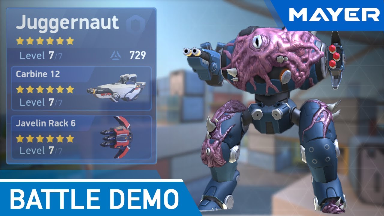 Juggernaut with Carbine 12 and Javelin Rack 6 on Dockyard | Mech Arena: Robot Showdown