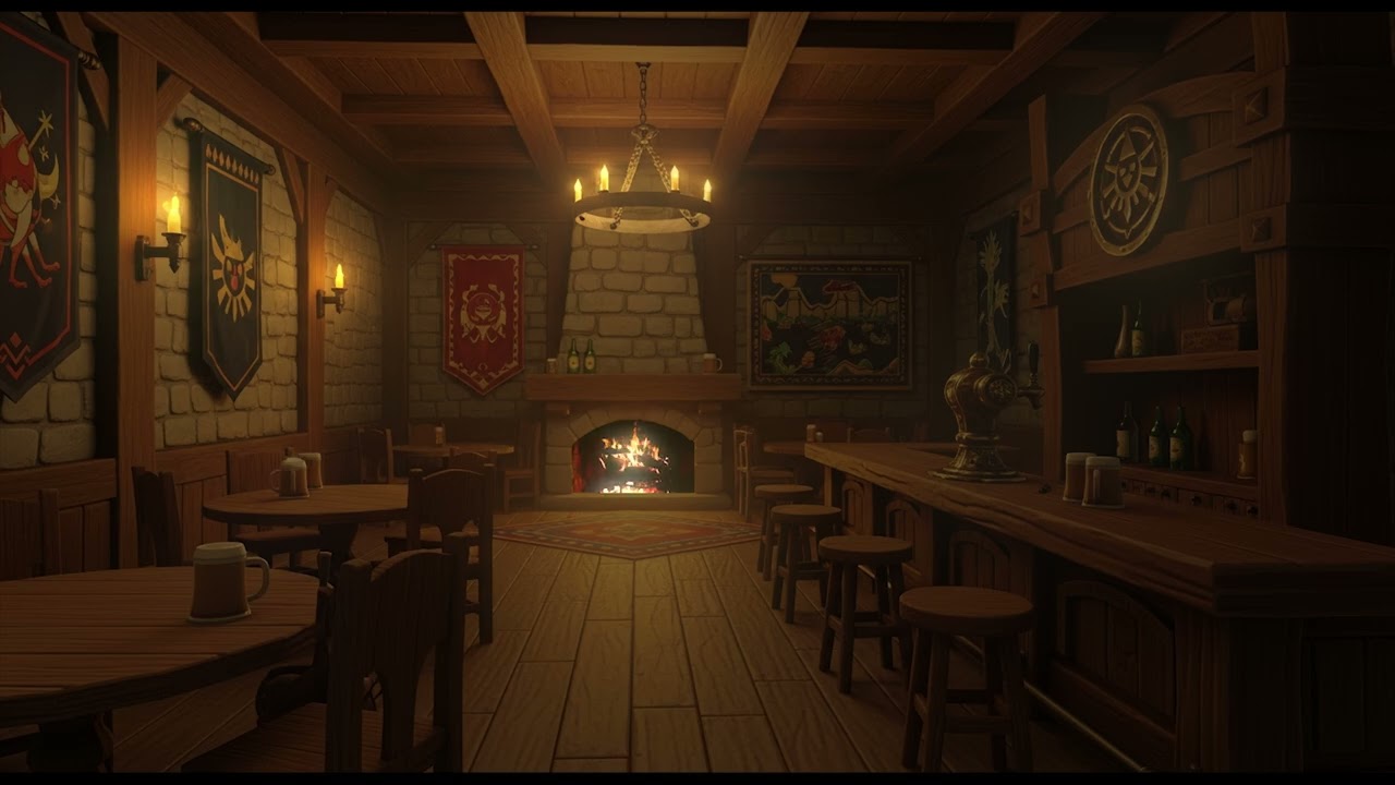 8 Hours: Cozy Zelda Tavern Ambience 🎶 Crackling Fireplace (HD)