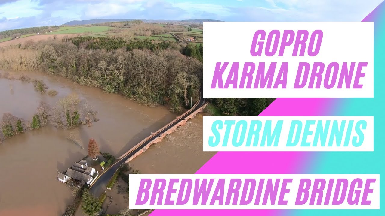 Storm Dennis Hereford Floods, Drone footage over Bredwardine Bridge, Herefordshire, Moccas Deer Park