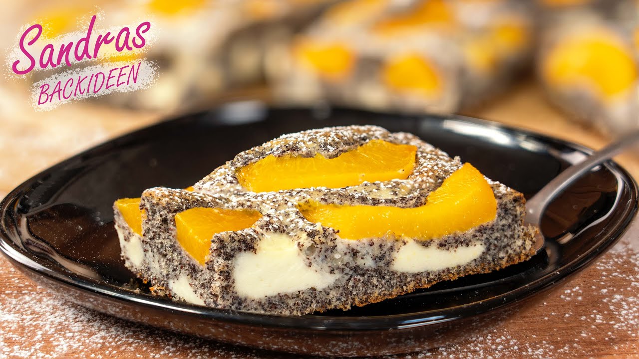 Mohnkuchen mit Quarkschicht und Pfirsichen – Den musst du probieren!