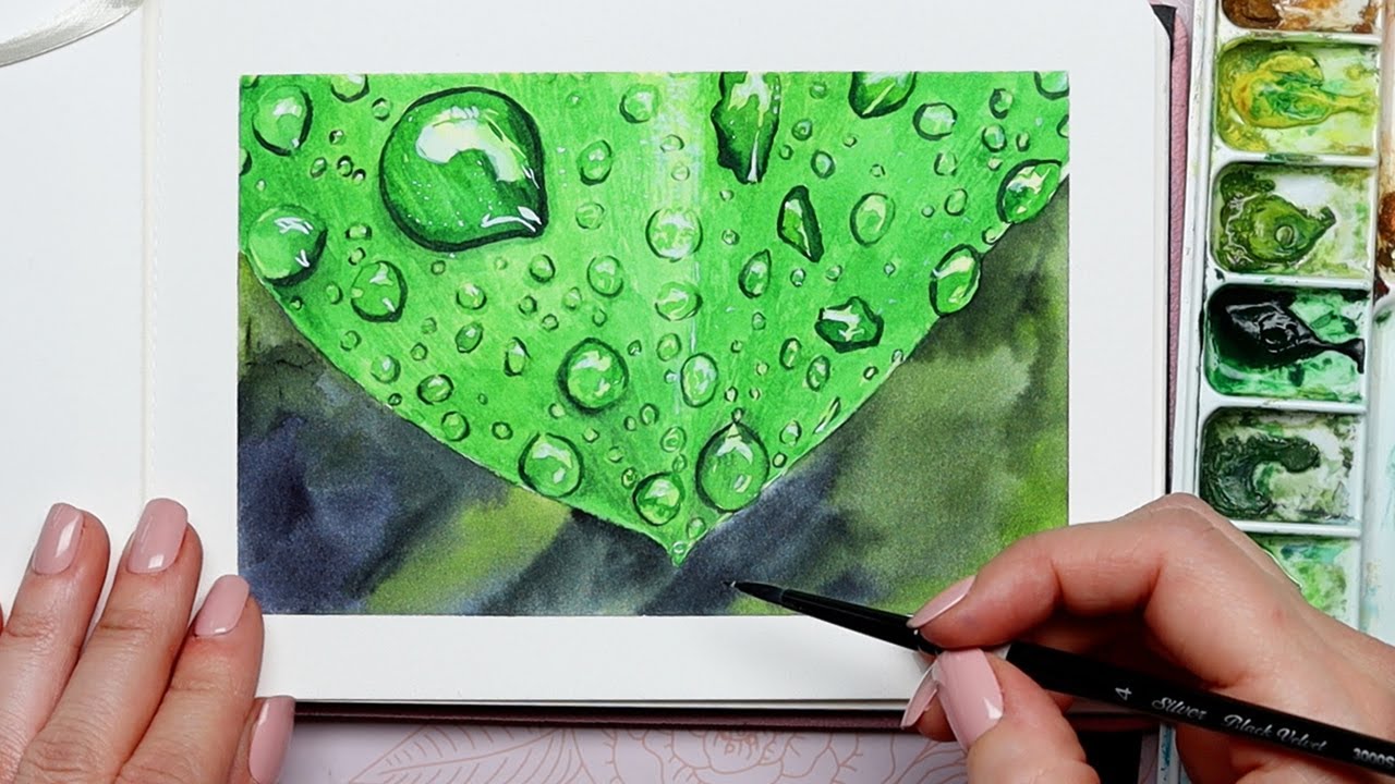 Watercolor Leaf with Droplets Step by Step Painting Tutorial