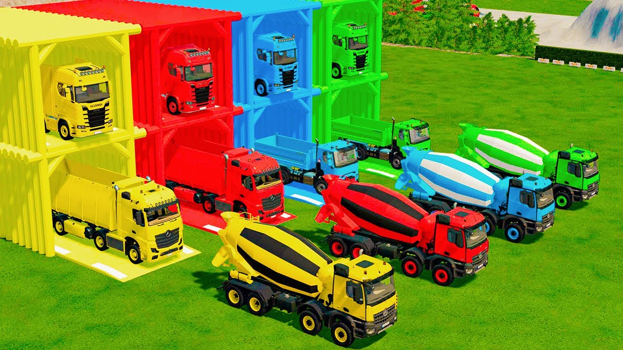 Garage with Colors - ALL MIXER TRUCK WITH DOUBLE FLATBED TRAILER TRUCK, MERCEDES, SCANIA, IVECO, DAF