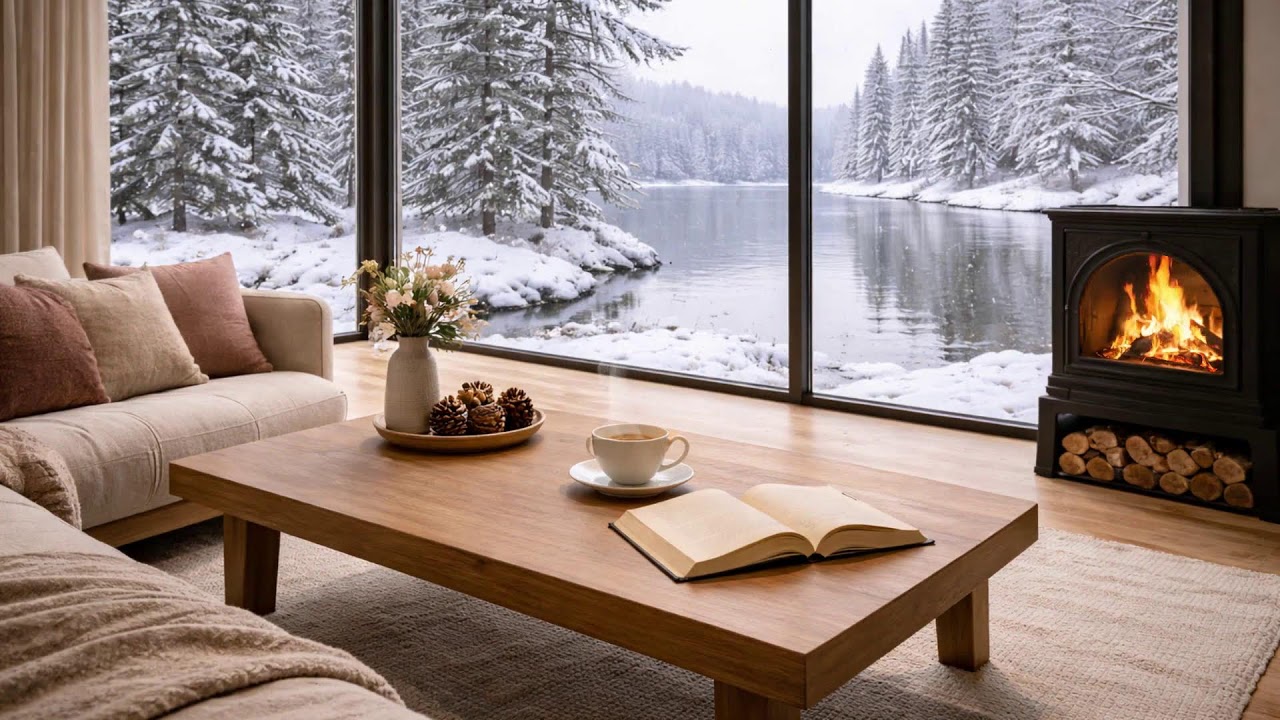 Snow Falling on a Quiet Town  Fireplace Study and Deep Focus Indoors