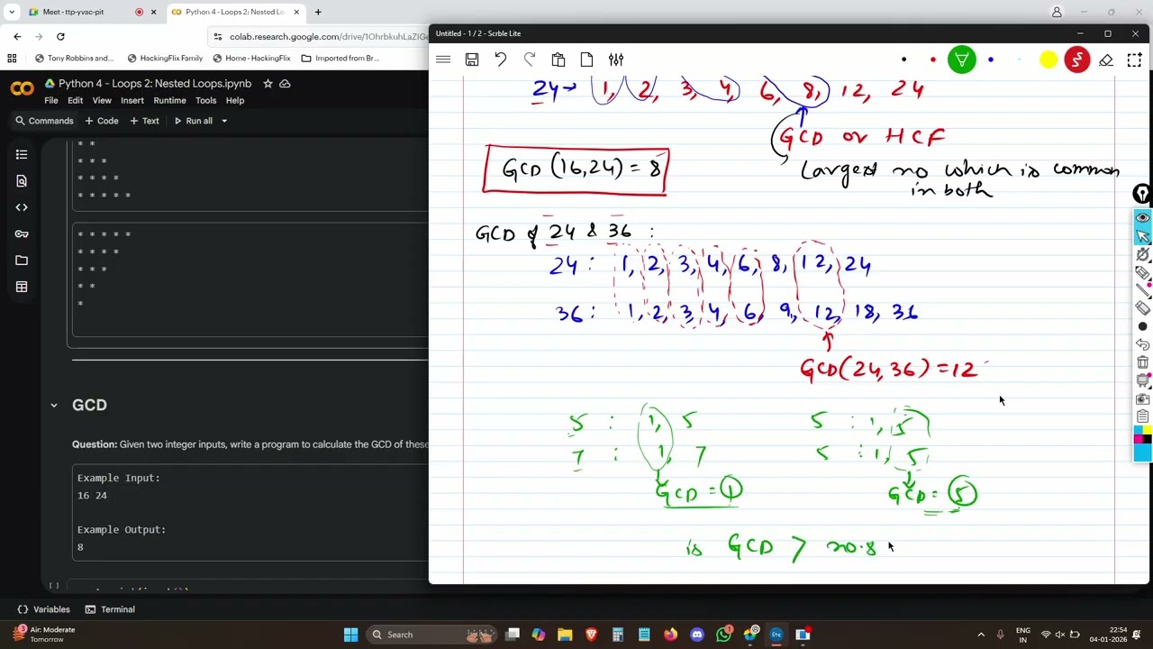 Python 6: Nested Loops 2 - GCD (HCF), LCM, Deep Dive into Nested Loops using Patterns