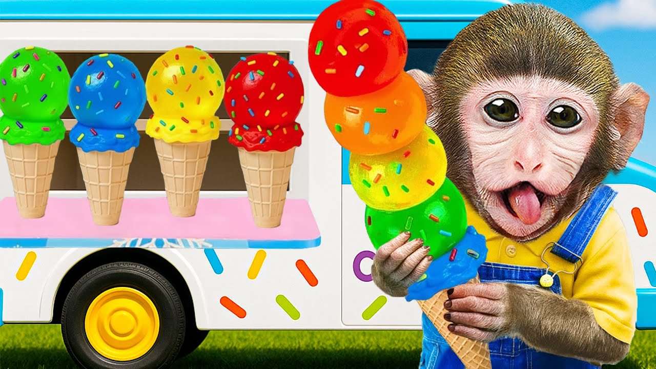Mono MoMo vende rico helado arcoíris y rescata un mono bebé lindo en el parque | MONO MOMO ESP