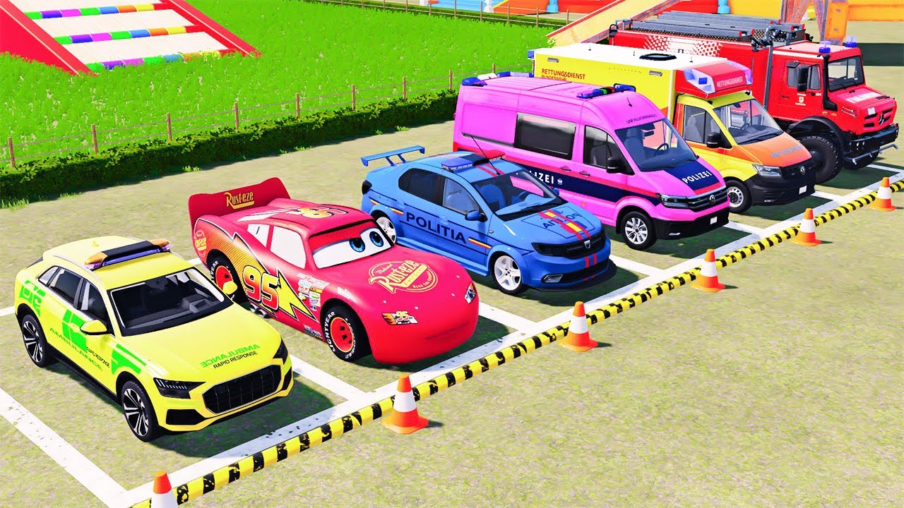 POLICE COLORFULL - TRANSPORTING POLICE CARS, AMBULANCE VEHICLES, FIRE TRUCK WITH TRUCK - FS22 #295