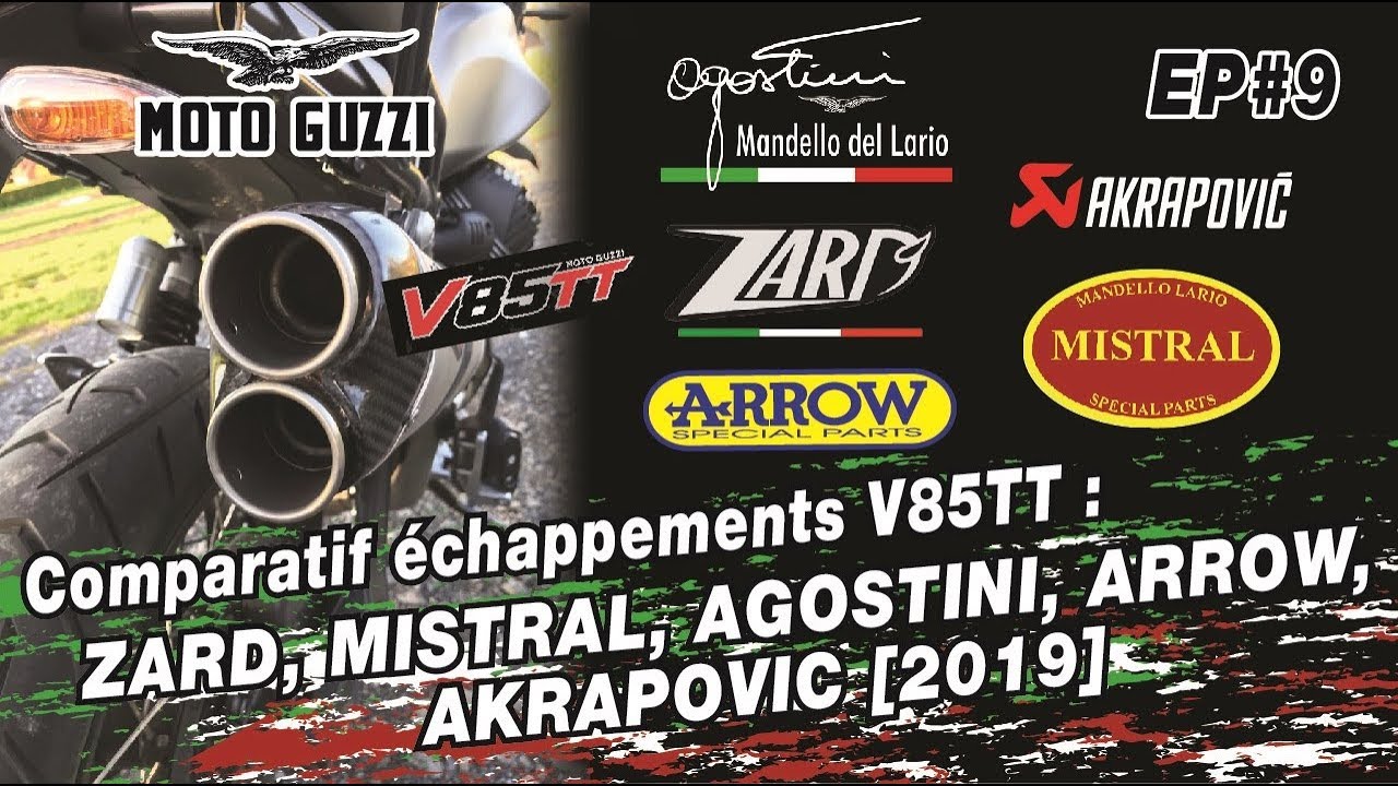 Episode #9 Comparatif échappements v85tt , ZARD MISTRAL AGOSTINI ARROW AKRAPOVIC