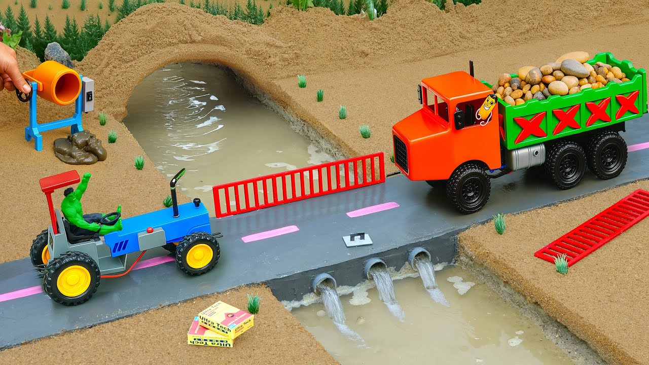 DIY Mini Truck Builds a Strong Brick and Concrete Bridge for Heavy Trailer Trucks After the Flood