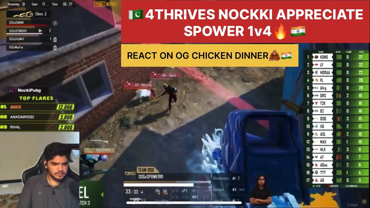 🇵🇰4THRIVES NOCKKI APPRECIATE SPOWER 1v4🔥🇮🇳REACT ON OG CHICKEN DINNER🦧🇮🇳