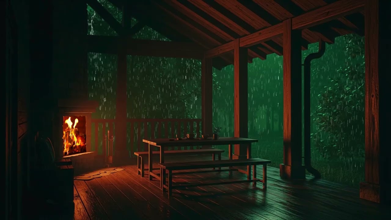 Intense Heavy Rain with Fire Ambience for Cozy Relaxing Moments