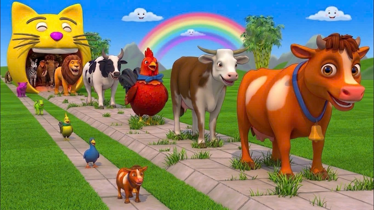 Long Slide Game With Cow Elephant Gorilla Hippopotamus Tiger - 3d Animal Game - Funny 3d Animals