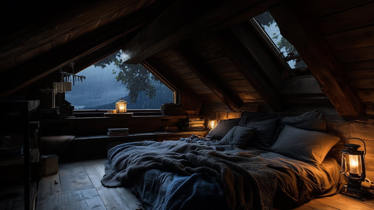 Cozy Rain and thunderstorm Cabin Night Ambience - Relax, Sleep
