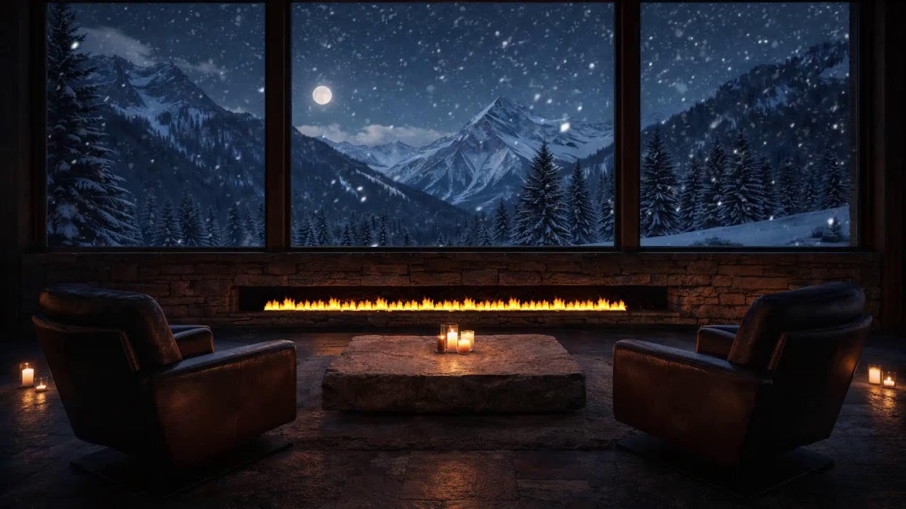 Peaceful Snowy Mountains 🌙 Cozy Fire & Late Night Jazz