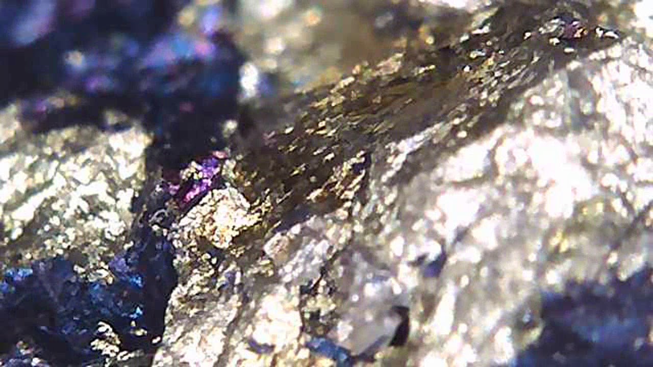 microscope search of a piece of gold ore.