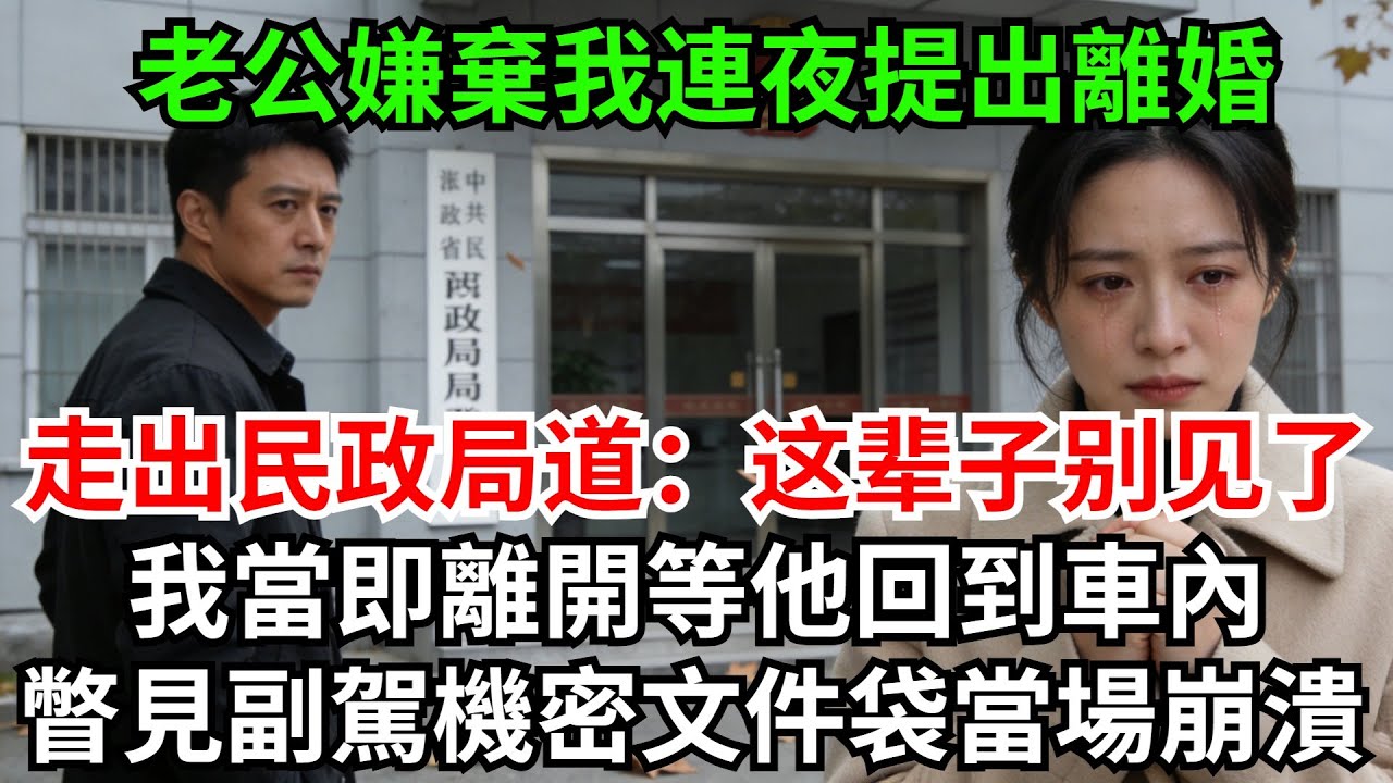 老公月薪7.5萬我4100，老公嫌棄我連夜提出離婚，走出民政局冷聲道：「這輩子別見了！」我當即離開等他回到車內，瞥見副駕的機密文件袋當場崩潰!#完結故事#情感故事#爽文#婆媳關系#家庭生活#故事頻道
