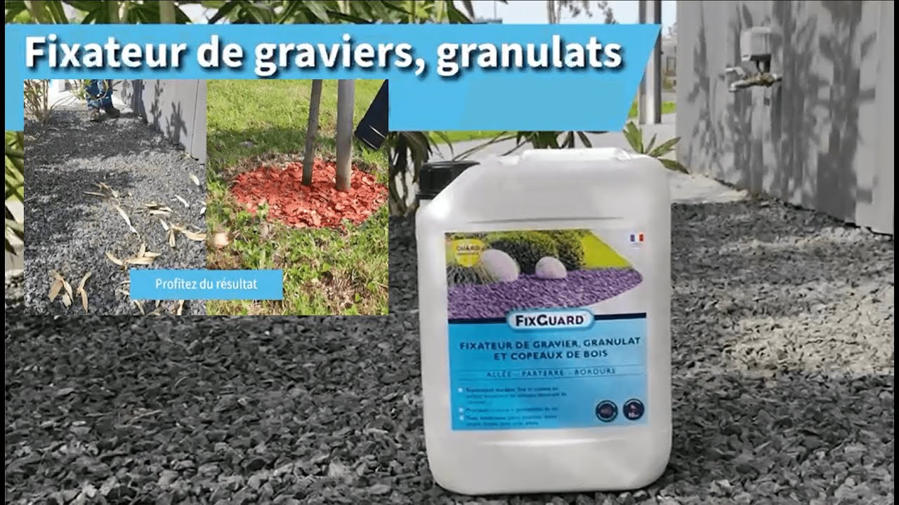 FixGuard fixe les graviers qui s'envolent. Fixateur de copeaux qui r&eacute;siste au souffleur de feuilles.