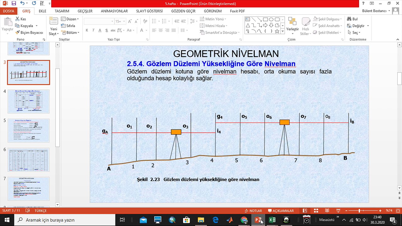Gözlem Düzlemi Yüksekliği ile nivelman hesabı(YÜKSEKLİK ÖLÇMELERİ)