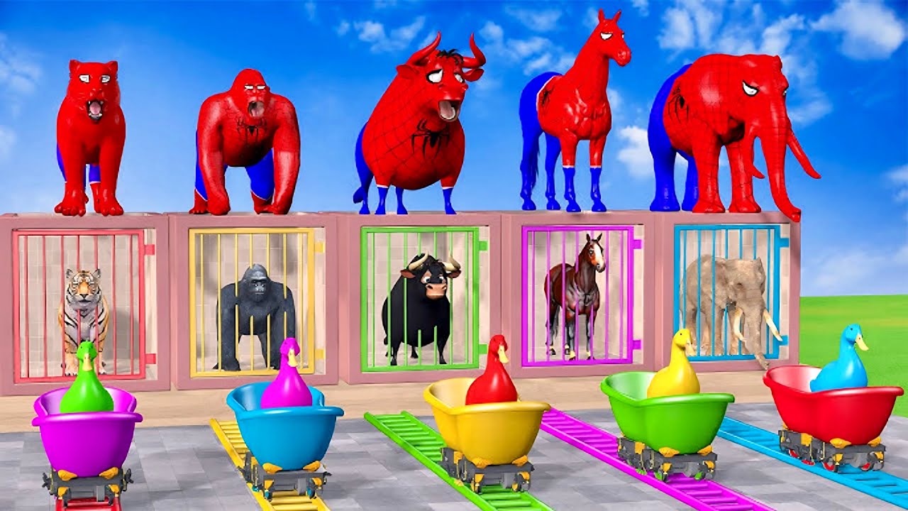 Long Slide Game With Cow Elephant Gorilla Hippopotamus Tiger - 3d Animal Game - Funny 3d Animals