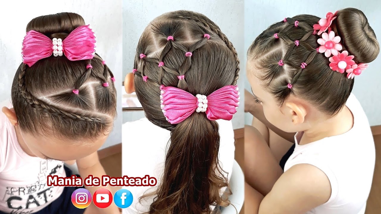 Penteado Infantil com Ligas e Trança em Amarração ou Coque | Bun hairstyle for little girls