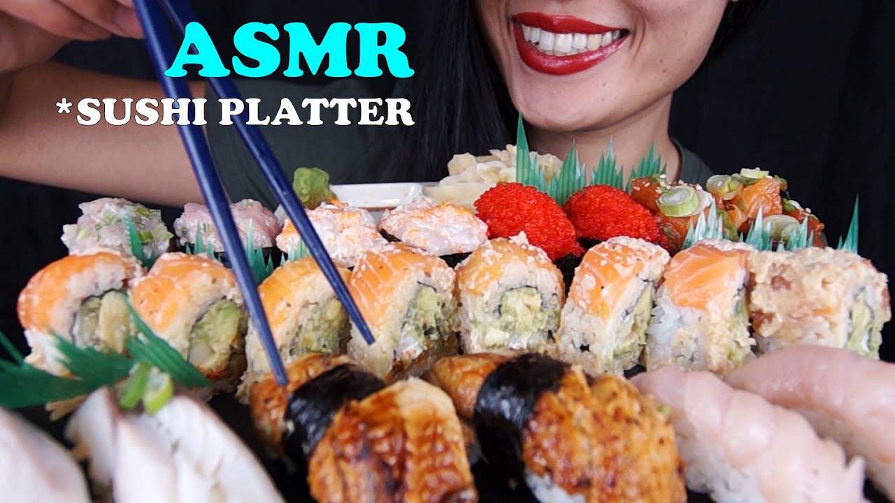 ASMR SUSHI FEAST NIGIRI + ALASKA ROLL *SQUISHY + CRUNCHY EATING SOUNDS, NO TALKING* - EM ASMR