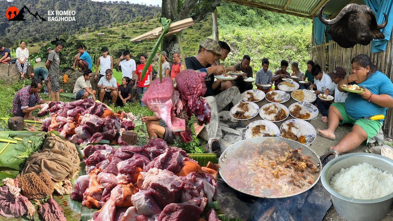 Rural Village Traditional Way Buffalo Meat Cutting in Nepali Village Chanaute Cooking and Eating 