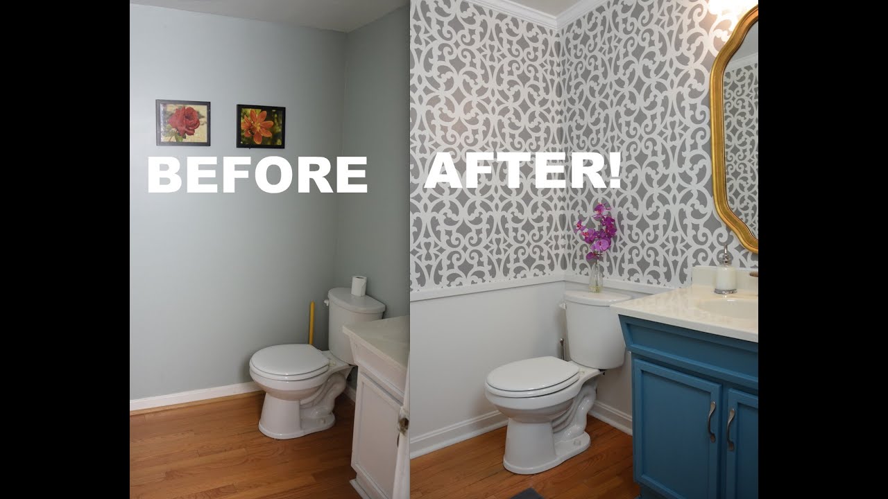 My Colorful Small Gray Bathroom Makeover With Stencils! - ThriftDiving.com