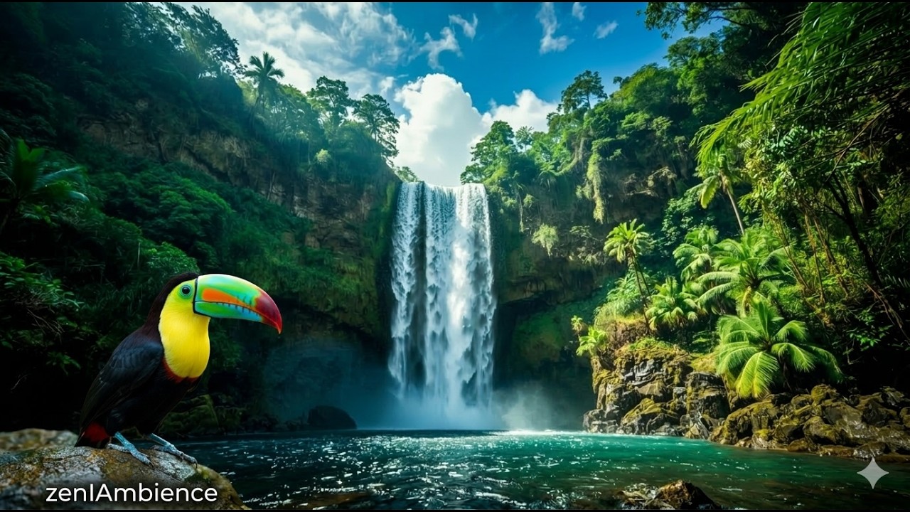 JUNGLE WATERFALL 🌿 Relaxing White Noise & Birds