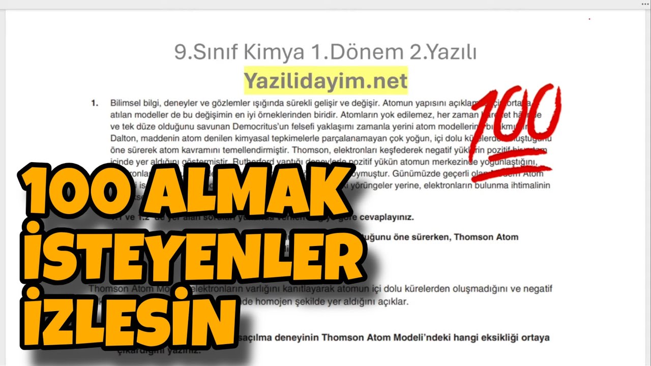 9.Sınıf Kimya 1.Dönem 2.Yazılı