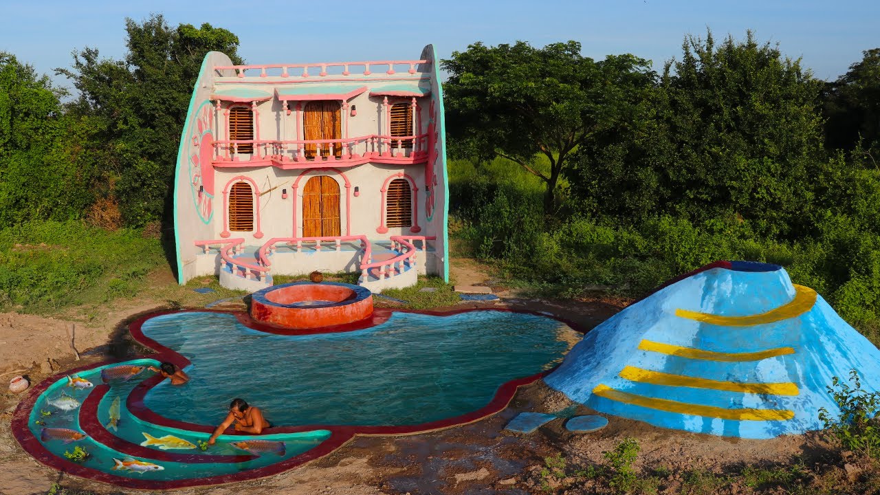 [Full] Build 3 Story Mud House,Finding Groundwater,Make Bows,Swimming pool, Fish Pond & Water Slide