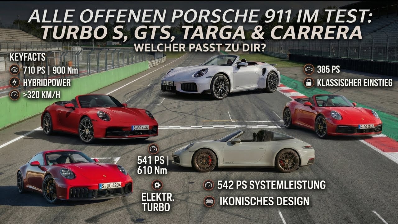 Vier offene Porsche 911 (992) im Vergleich: Turbo S, GTS, Targa, Carrera