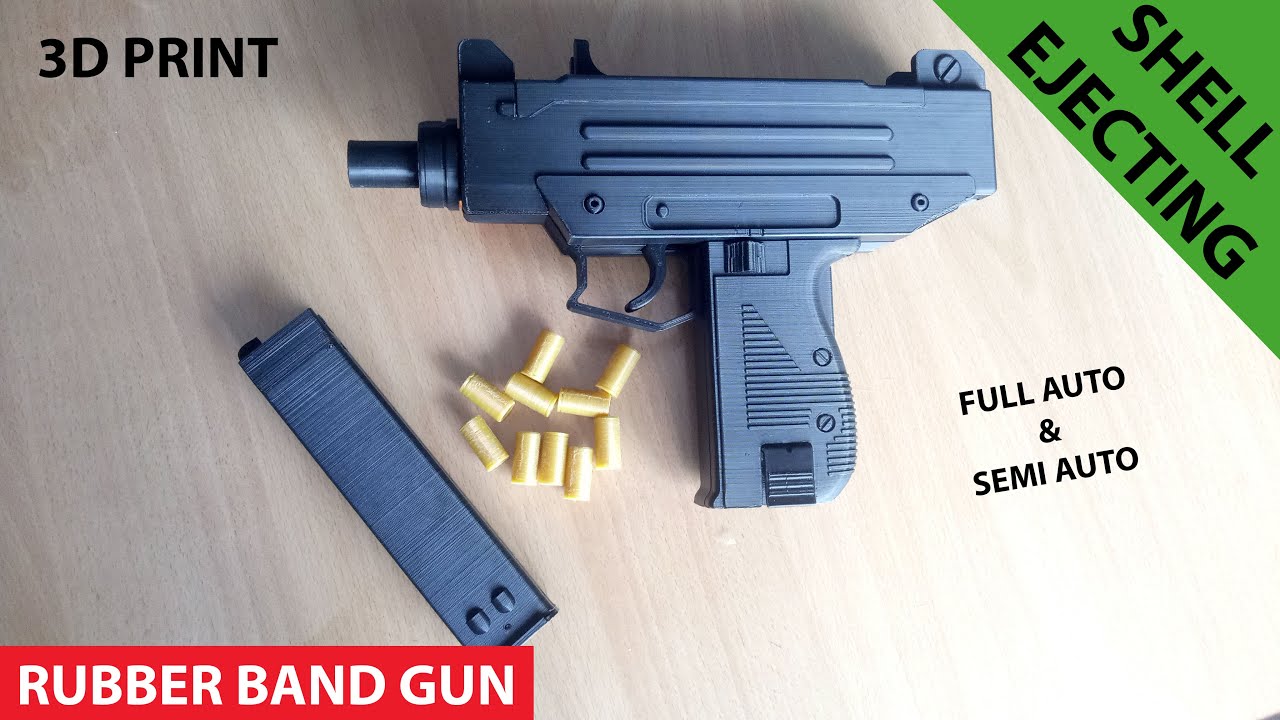UZI Shell Ejecting Full Auto & Semi Auto Rubber Band Gun 3D Print