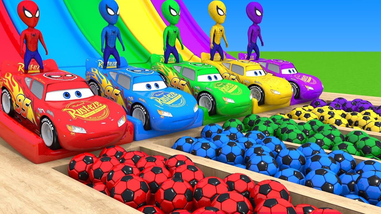 Long Slide Game With McQueen, LAMBORGHINI, FERRARI, CHEVROLET, POLICE CARS 3D Vehicles Challenge