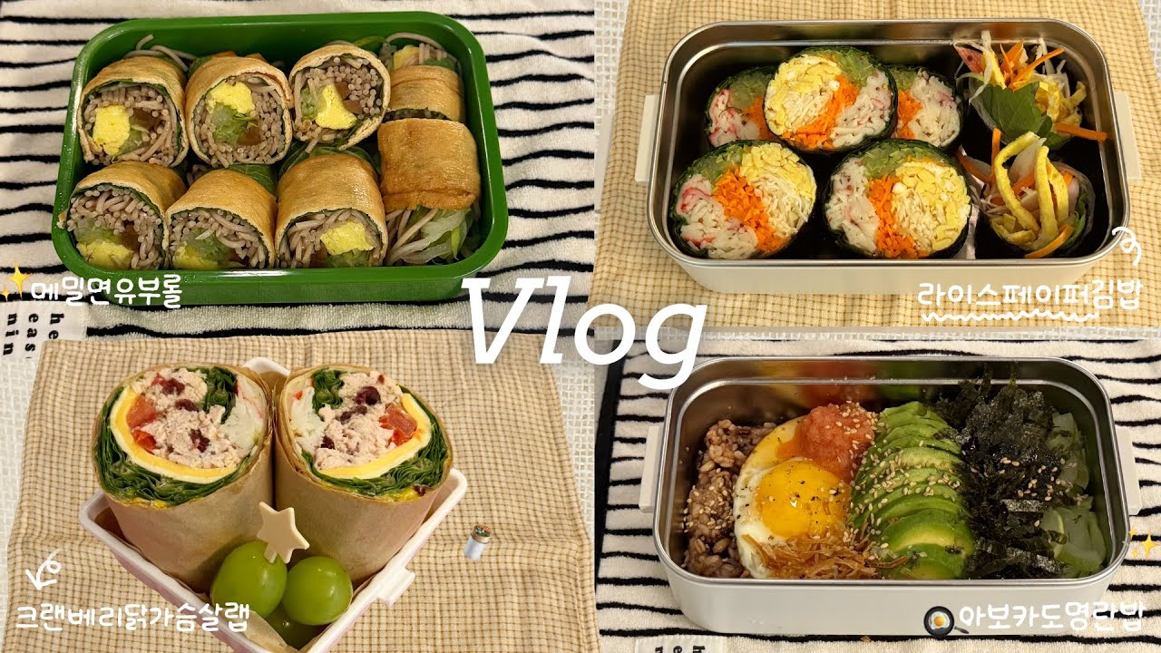 Vlog | 저녁 약속 전 가볍게 먹는 직장인 점심 도시락 🍱 밥 먹으러 출근하는 사람🙋‍♀️ │  메밀면유부롤, 크랜베리닭가슴살랩샌드위치, 라이스페이퍼김밥, 아보카도명란덮밥