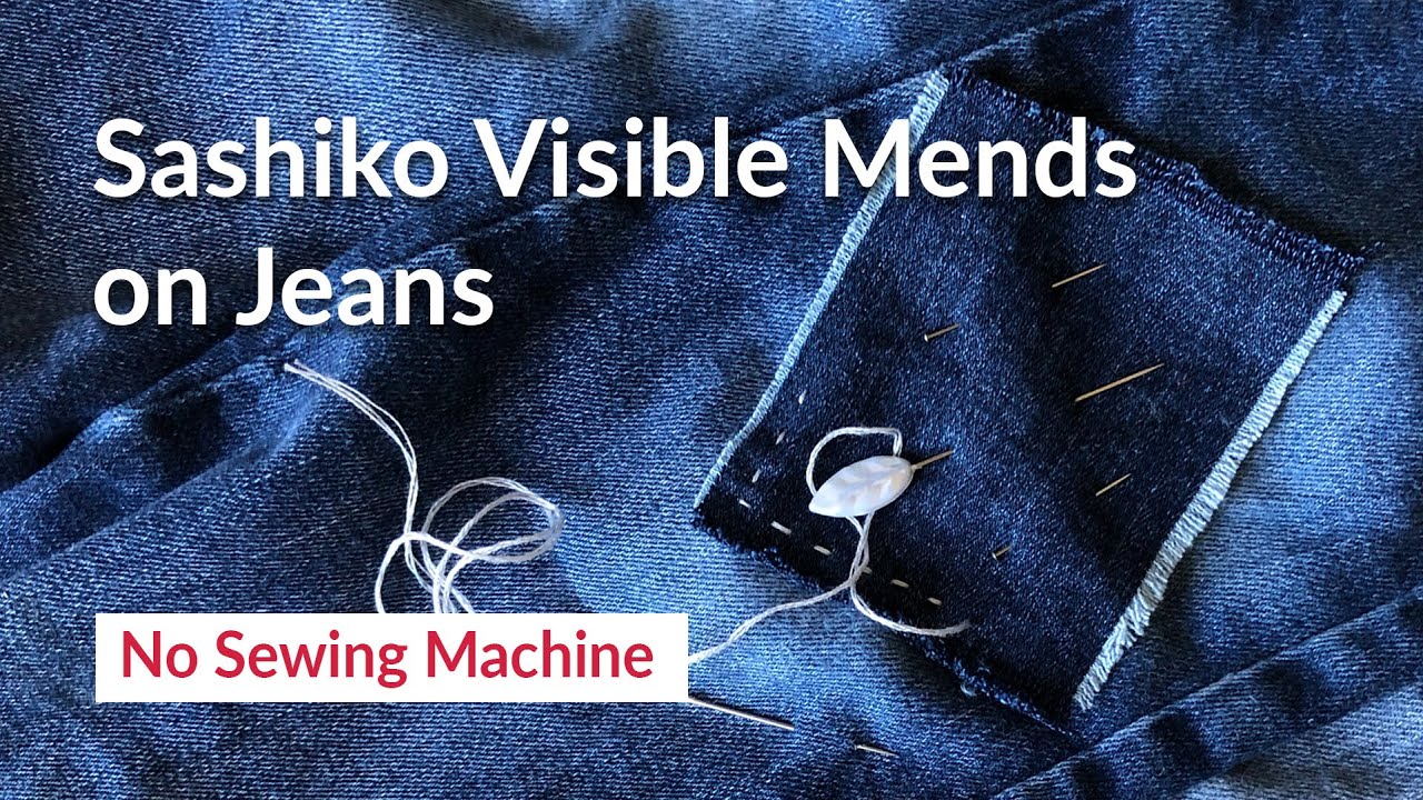 Visible mending jeans- knee patching with Sashiko method