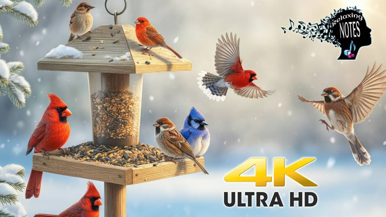 4K Relaxing beautiful small Birds feeding with Serenity ambient natural birds chirping sounds 