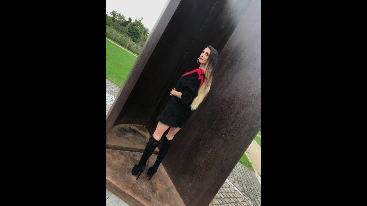 Lara in platform Overknees boots Plateau stiefeln mini angora short dress walking in parc