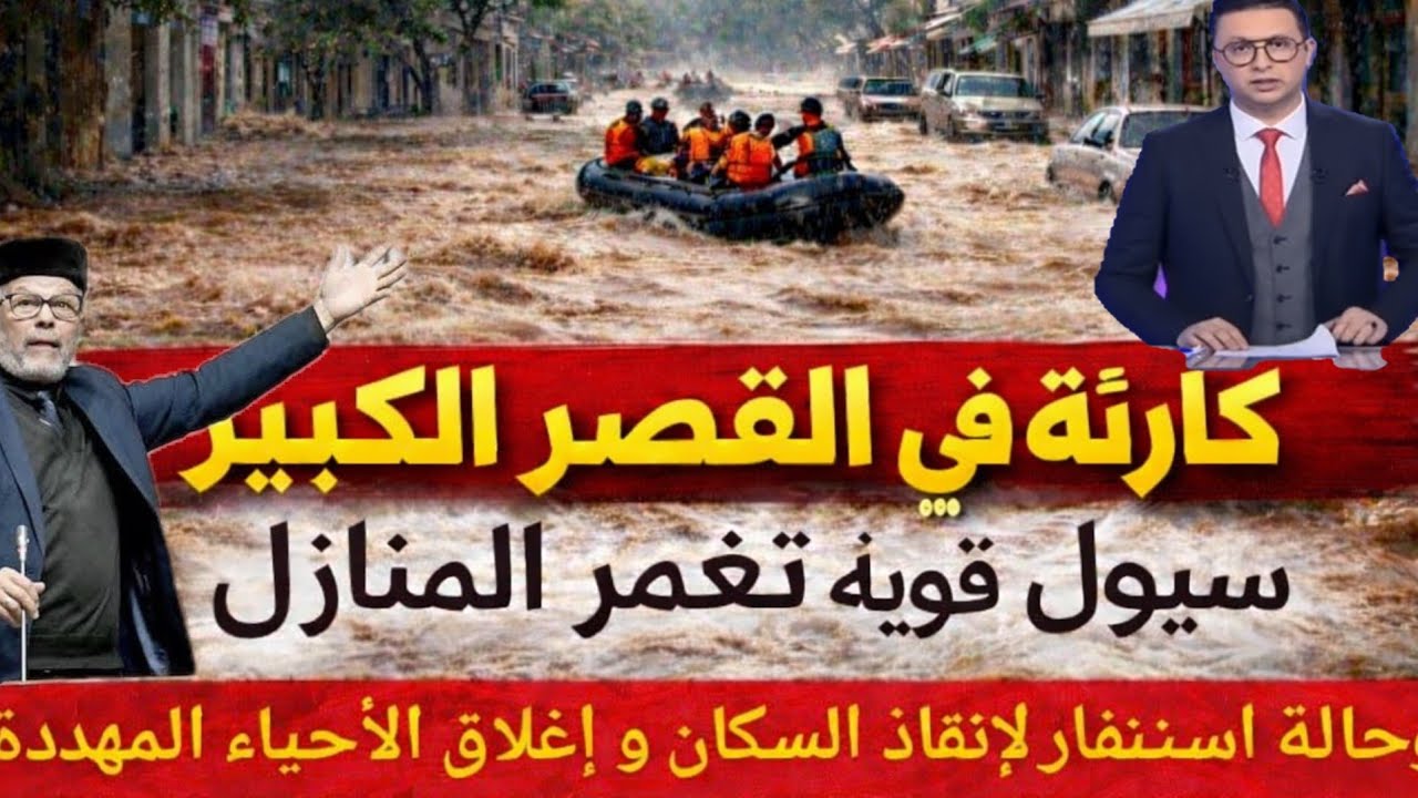 🔴 كارثة في القصر الكبير: سيول قوية تغمر المنازل وحالة استنفار لإنقاذ السكان و إغلاق الأحياء المهددة 