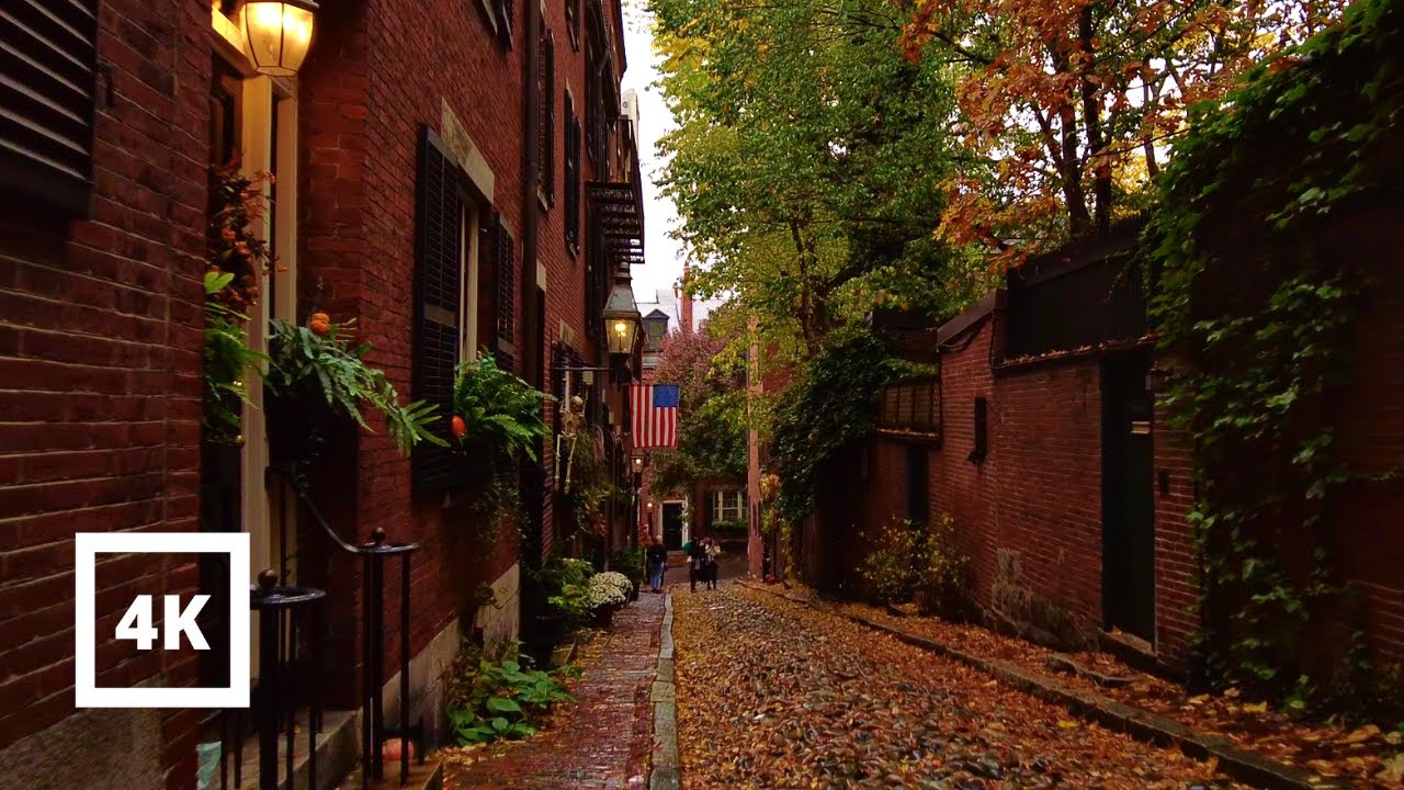 4K Walking Rainy Fall Evening Beacon Hill  Boston - Fall Leaves Binaural ASMR