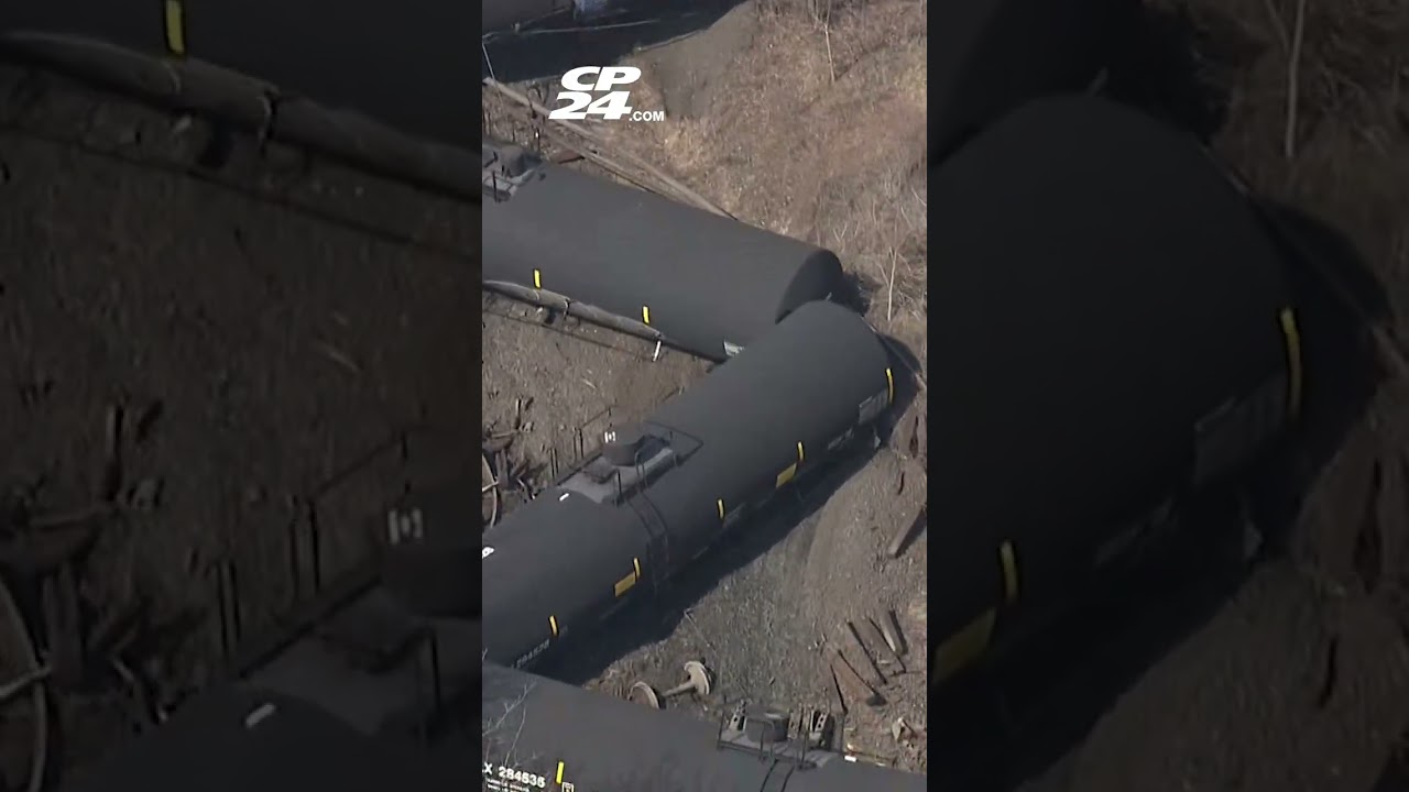 Aerial view of zig-zag train derailment in St. Catharines, Ontario