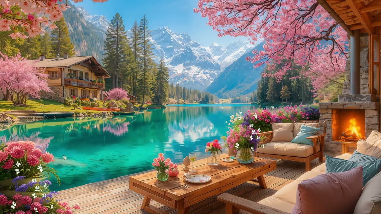 Cozy Spring Moring by the Lake 🌿Soft Jazz Piano & Warm Fireplace Ambience for Work