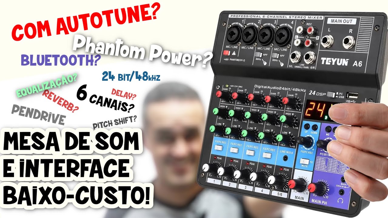 🔥Mesa de som e Interface de áudio Teyun A6 - 24bit 48Khz, Pendrive, Bluetooth e Efeitos DSP (E273)