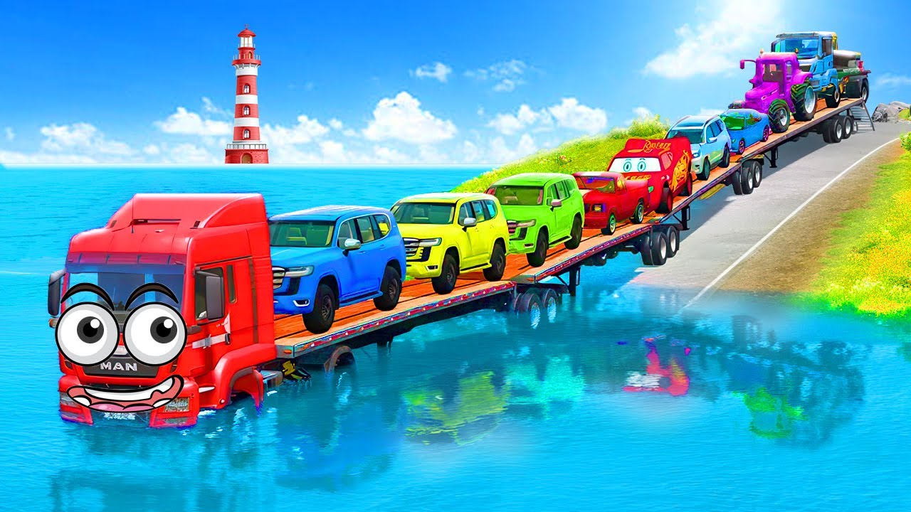 Flatbed Trailer McQueen Transportation with Truck - Speedbumps vs Cars vs Train | BeamNG #12 🏁