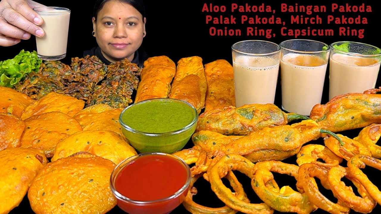 EATING DIFFERENT TYPES PAKODA with CHAI & SPICY GREEN CHUTNEY | EATING SHOW | ASMR MUKBANG