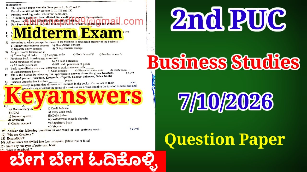 2nd PUC Business Studies midterm exam question paper 2026-27