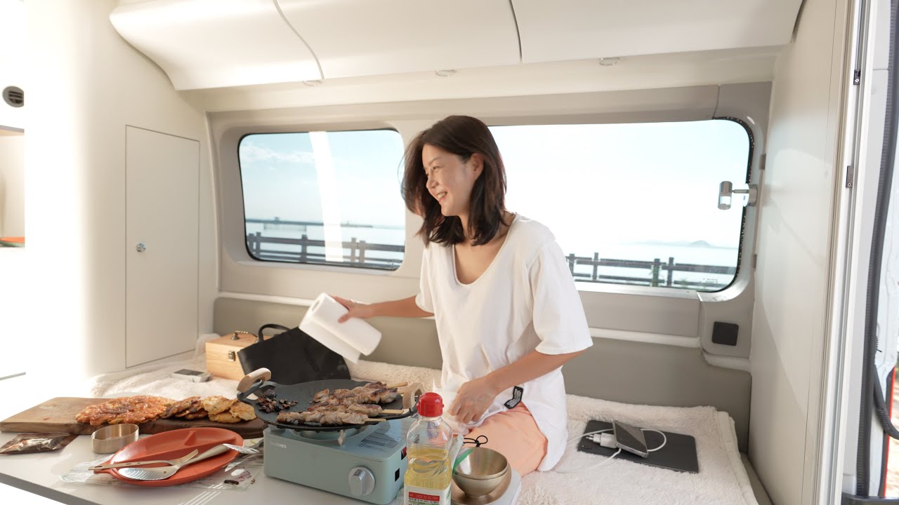 비행기 일등석 같은 캠핑카 🚐 /모듬전 구워 먹는 재미/  붉은 노을이 그림이 된 차창🔥[수도권 한시간, 당일 1만원 불멍,취사,텐트가능]