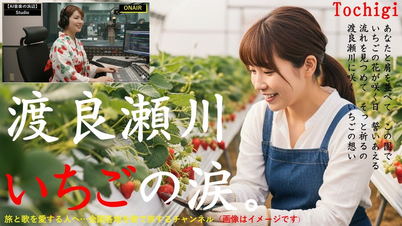 栃木「渡良瀬川いちごの涙」渡良瀬川に流れる歌。いちご農園の一人娘の歌ドラです。浅野洋子さん、いちご柄の浴衣で登場。【AI、演歌、昭和歌謡、旅、ご当地ソング、鉄道の旅、歌ドラ、旅と歌の朗読】
